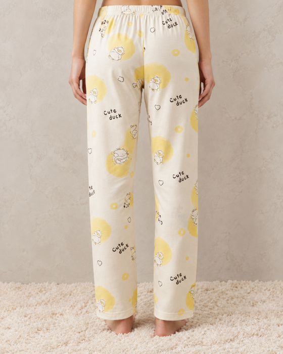 Pantaloni Pijama Dama din Bumbac, Model Cute Duck, Alb cu Galben, Talie Elastica [4]