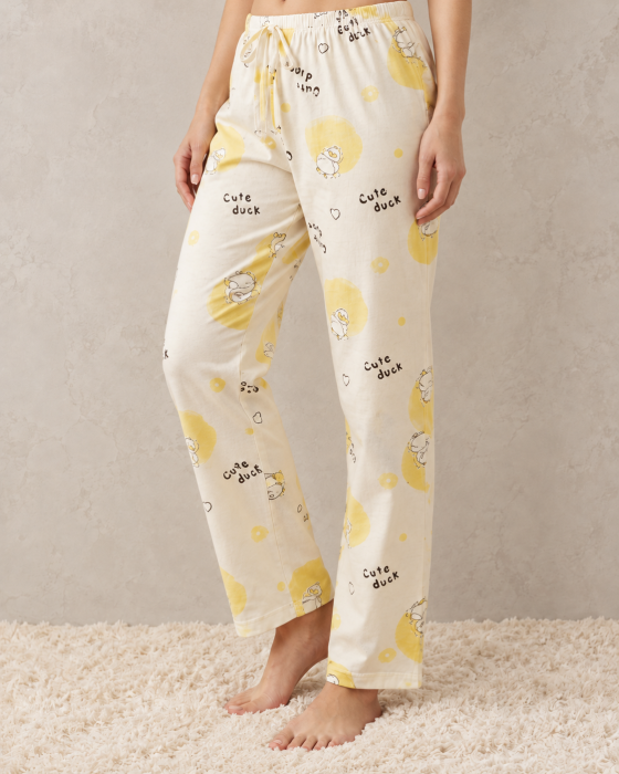 Pantaloni Pijama Dama din Bumbac, Model Cute Duck, Alb cu Galben, Talie Elastica [2]