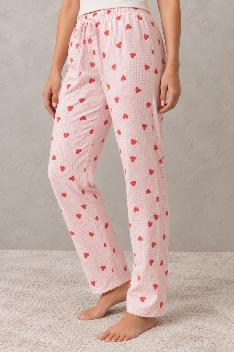 Pantaloni Pijama Dama din Bumbac Roz cu Inimioare - Model Confortabil pentru Casa si Somn [2]