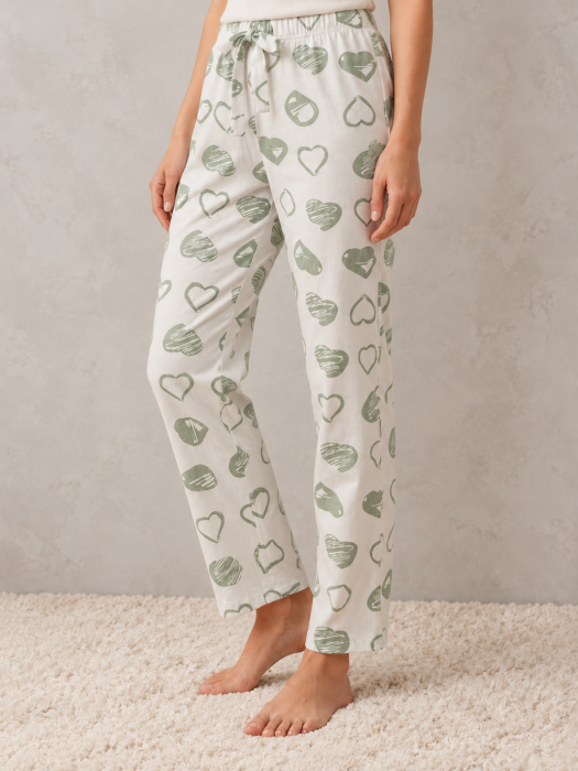 Pantaloni Pijama Dama din Bumbac, Albi cu Inimioare Verzi, Talie Elastica si Snur Reglabil [4]