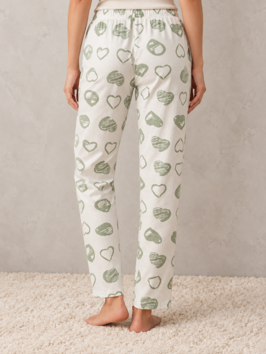 Pantaloni Pijama Dama din Bumbac, Albi cu Inimioare Verzi, Talie Elastica si Snur Reglabil [3]