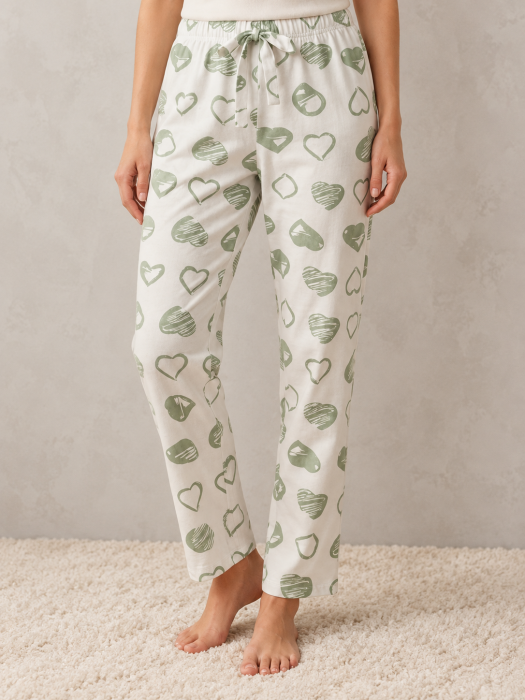 Pantaloni Pijama Dama din Bumbac, Albi cu Inimioare Verzi, Talie Elastica si Snur Reglabil [2]