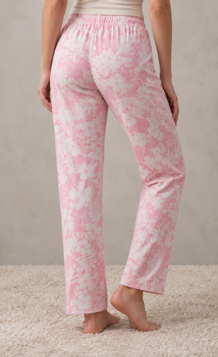 Pantaloni pijama dama din bumbac roz cu imprimeu floral si talie elastica [2]