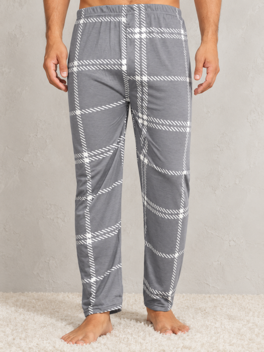 Pantaloni Pijama Barbati Gri cu Carouri Albe, Model Lung, Confortabili pentru Casa si Somn [3]