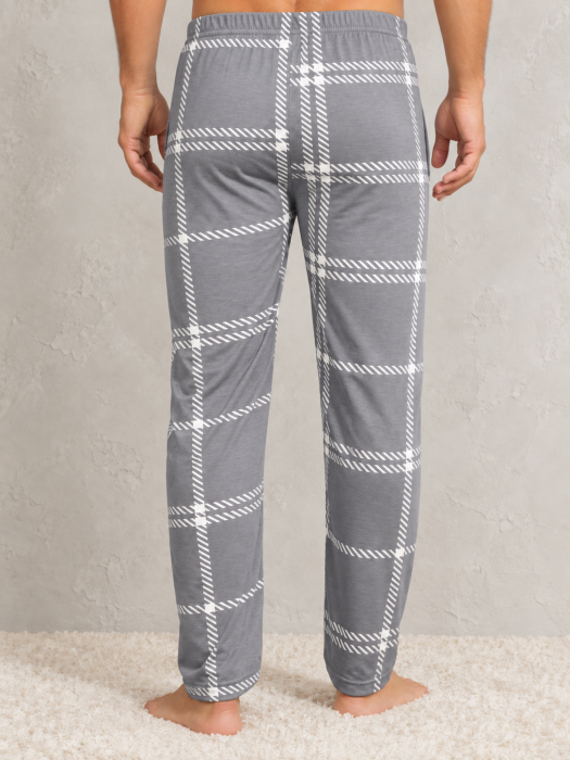 Pantaloni Pijama Barbati Gri cu Carouri Albe, Model Lung, Confortabili pentru Casa si Somn [4]