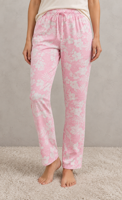 Pantaloni pijama dama din bumbac roz cu imprimeu floral si talie elastica [4]