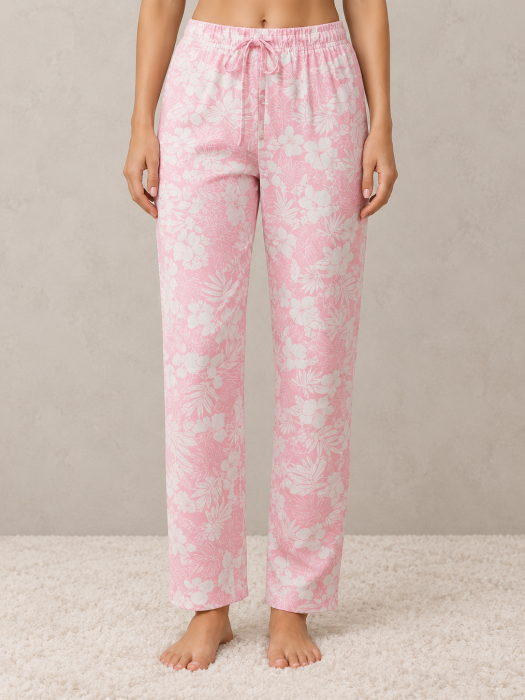 Pantaloni pijama dama din bumbac roz cu imprimeu floral si talie elastica [3]