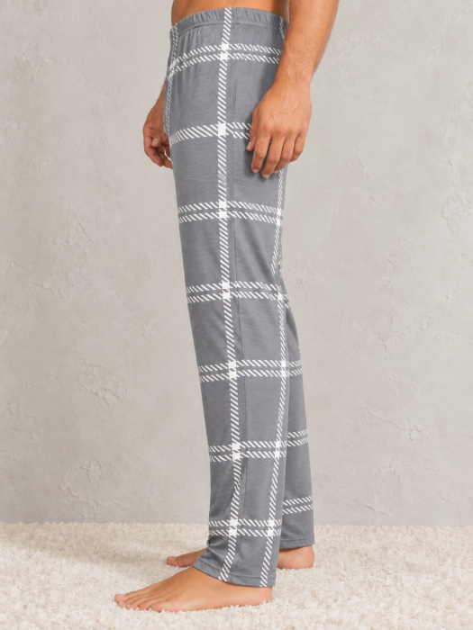 Pantaloni Pijama Barbati Gri cu Carouri Albe, Model Lung, Confortabili pentru Casa si Somn [2]