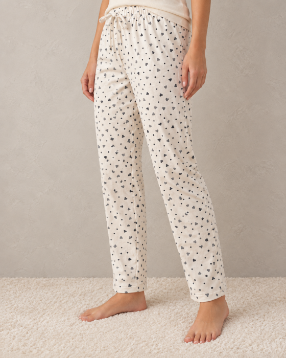 Pantaloni de Pijama Dama din Bumbac, Albi cu Inimioare, Talie Elastica, Croi Lejer [3]