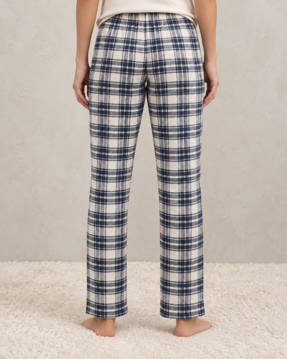 Pantaloni Pijama Dama din Bumbac, cu Carouri Bleumarin si Crem, Talie Elastica si Snur [4]