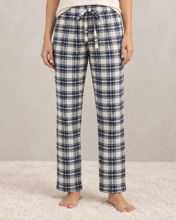 Pantaloni Pijama Dama din Bumbac, cu Carouri Bleumarin si Crem, Talie Elastica si Snur [2]