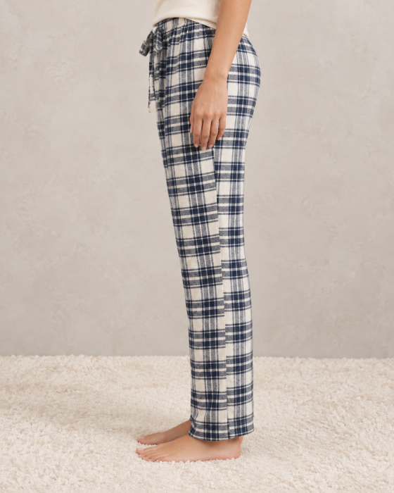 Pantaloni Pijama Dama din Bumbac, cu Carouri Bleumarin si Crem, Talie Elastica si Snur [3]