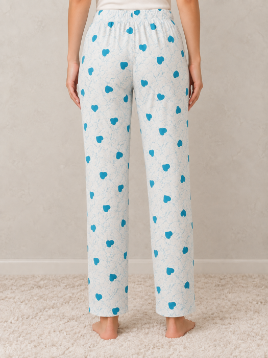 Pantaloni Pijama Dama din Bumbac cu Inimioare Albastre, Talie Elastica si Snur [3]