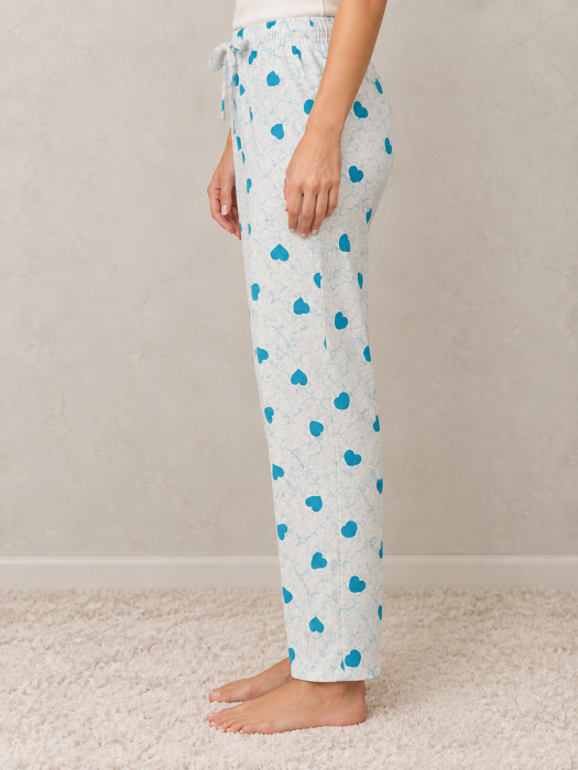 Pantaloni Pijama Dama din Bumbac cu Inimioare Albastre, Talie Elastica si Snur [4]