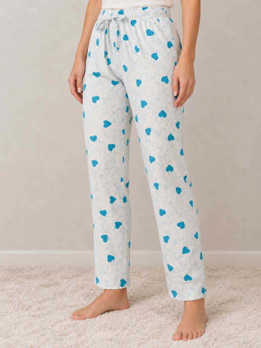 Pantaloni Pijama Dama din Bumbac cu Inimioare Albastre, Talie Elastica si Snur [2]