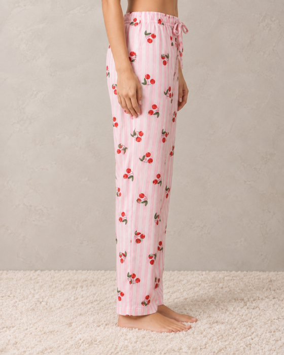 Pantaloni pijama dama din bumbac roz cu dungi si imprimeu cirese [2]