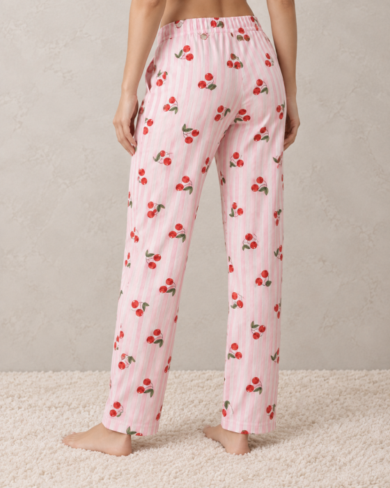 Pantaloni pijama dama din bumbac roz cu dungi si imprimeu cirese [3]
