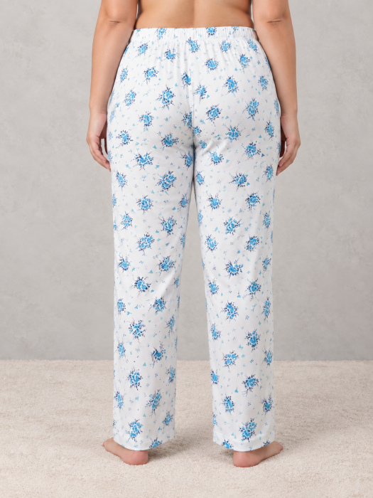 Pantaloni Pijama Dama Marime Mare din Bumbac, Albi cu Imprimeu Floral Albastru, Talie Elastica [2]