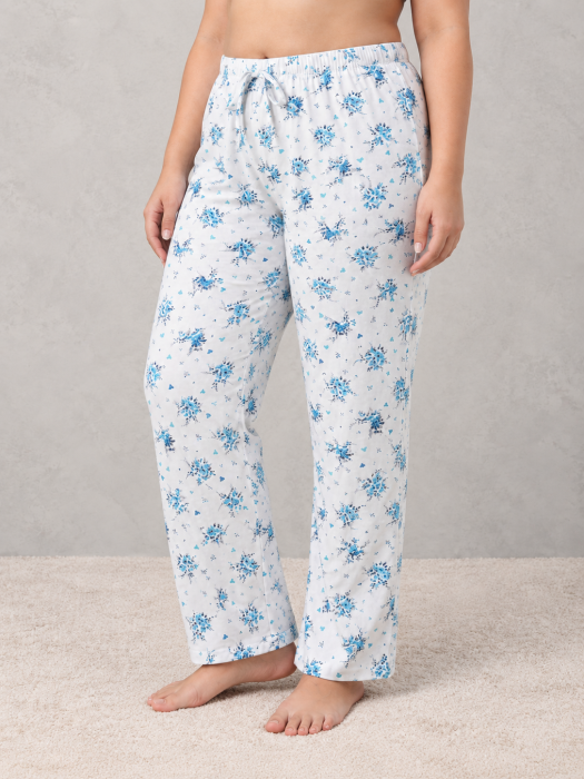 Pantaloni Pijama Dama Marime Mare din Bumbac, Albi cu Imprimeu Floral Albastru, Talie Elastica [3]