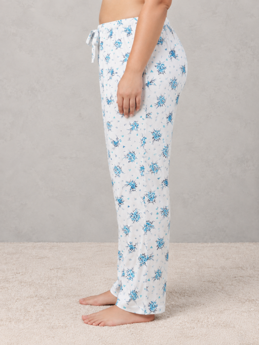Pantaloni Pijama Dama Marime Mare din Bumbac, Albi cu Imprimeu Floral Albastru, Talie Elastica [4]