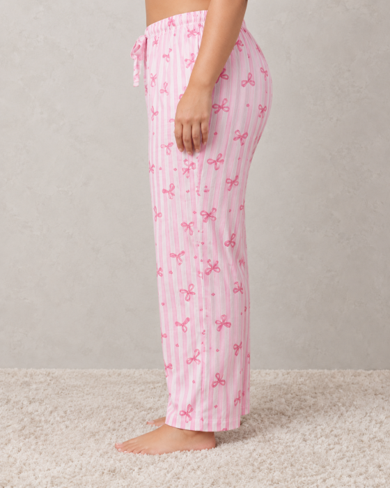 Pantaloni Pijama Dama Marimi Mari din Bumbac, Roz cu Dungi si Fundite [3]