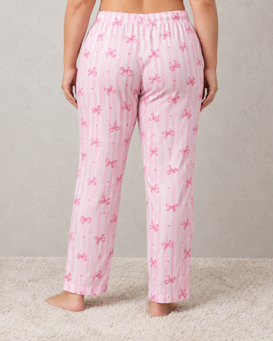 Pantaloni Pijama Dama Marimi Mari din Bumbac, Roz cu Dungi si Fundite [2]
