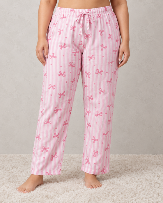 Pantaloni Pijama Dama Marimi Mari din Bumbac, Roz cu Dungi si Fundite [5]