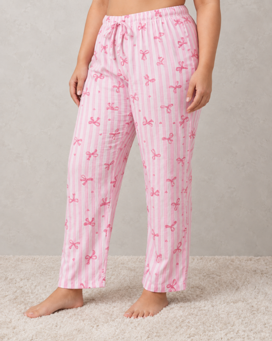 Pantaloni Pijama Dama Marimi Mari din Bumbac, Roz cu Dungi si Fundite [4]