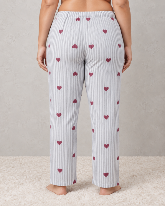 Pantaloni pijama dama marime mare din bumbac, cu dungi si inimioare, talie elastica [2]