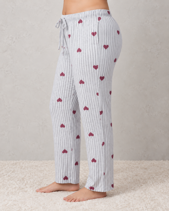 Pantaloni pijama dama marime mare din bumbac, cu dungi si inimioare, talie elastica [4]