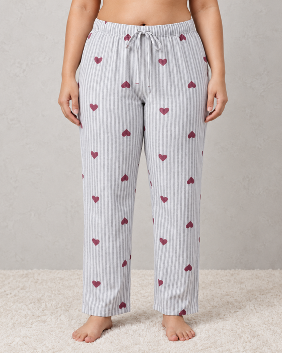 Pantaloni pijama dama marime mare din bumbac, cu dungi si inimioare, talie elastica [5]