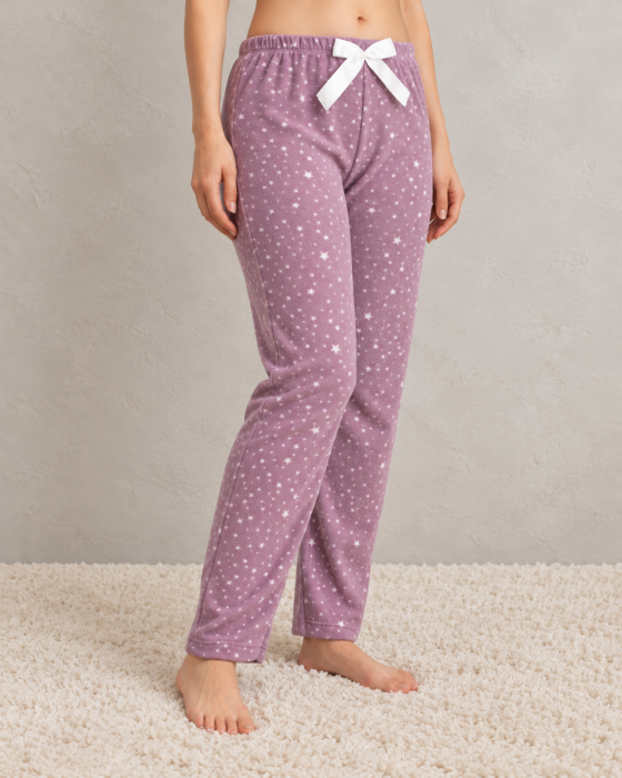 Pantaloni Pijama Polar Dama Mov cu Stelute, Moi si Caldurosi, cu Talie Elastica [3]