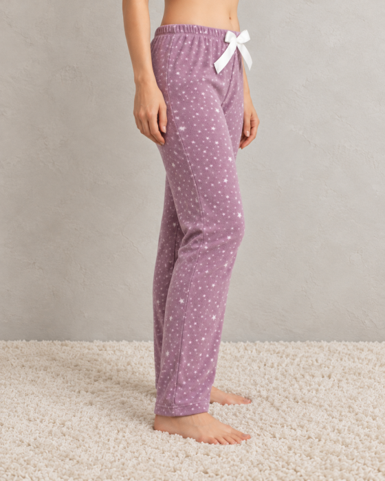 Pantaloni Pijama Polar Dama Mov cu Stelute, Moi si Caldurosi, cu Talie Elastica [4]