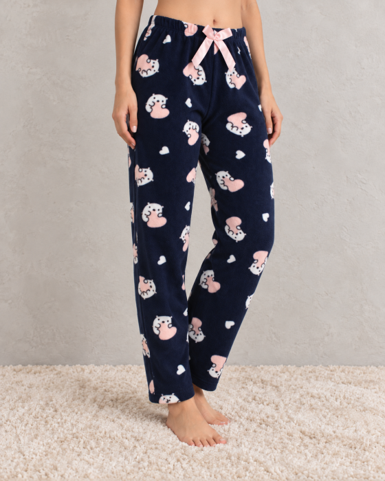 Pantaloni Pijama Polar Dama Bleumarin cu Inimioare Roz - Moi, Pufosi si Caldurosi [3]