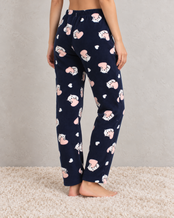 Pantaloni Pijama Polar Dama Bleumarin cu Inimioare Roz - Moi, Pufosi si Caldurosi [2]