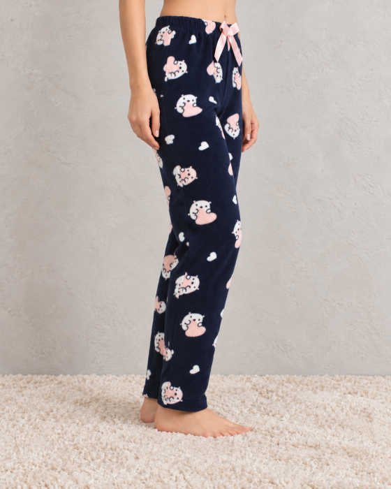 Pantaloni Pijama Polar Dama Bleumarin cu Inimioare Roz - Moi, Pufosi si Caldurosi [4]