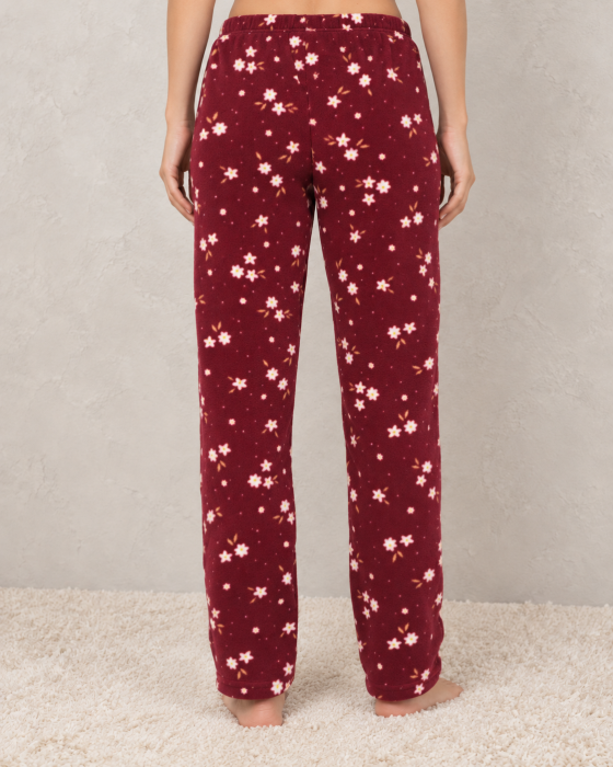 Pantaloni Pijama Polar Dama Bordo cu Flori - Moi, Pufosi si Caldurosi [3]
