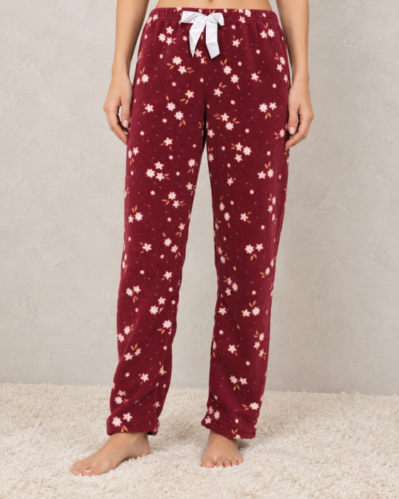 Pantaloni Pijama Polar Dama Bordo cu Flori - Moi, Pufosi si Caldurosi [4]