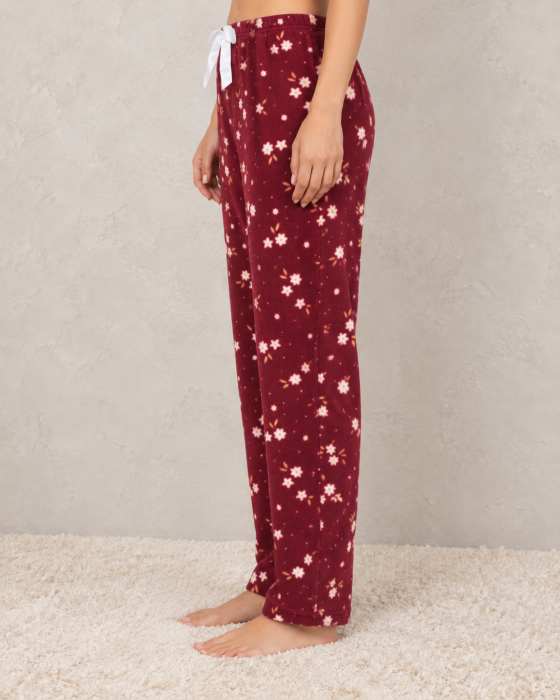 Pantaloni Pijama Polar Dama Bordo cu Flori - Moi, Pufosi si Caldurosi [2]