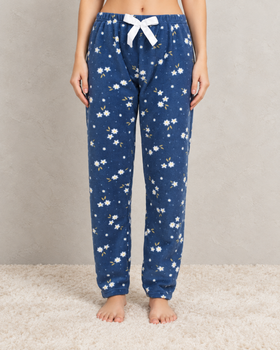 Pantaloni Pijama Polar Dama, Moi si Caldurosi, cu Flori, Albastri [4]