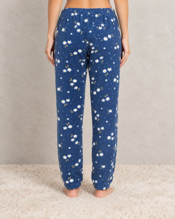 Pantaloni Pijama Polar Dama, Moi si Caldurosi, cu Flori, Albastri [3]