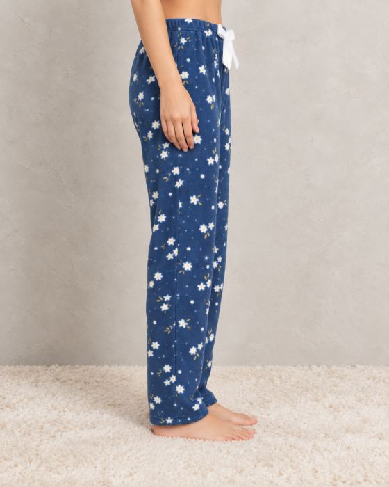 Pantaloni Pijama Polar Dama, Moi si Caldurosi, cu Flori, Albastri [2]
