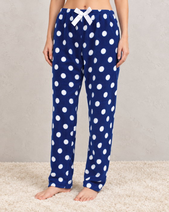 Pantaloni Pijama Polar Dama Moi si Caldurosi, Albastri cu Buline Albe [4]