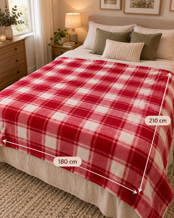 Patura Polar 210x180 cm, Moale si Calduroasa, Rosie cu Carouri, pentru Pat si Canapea [2]