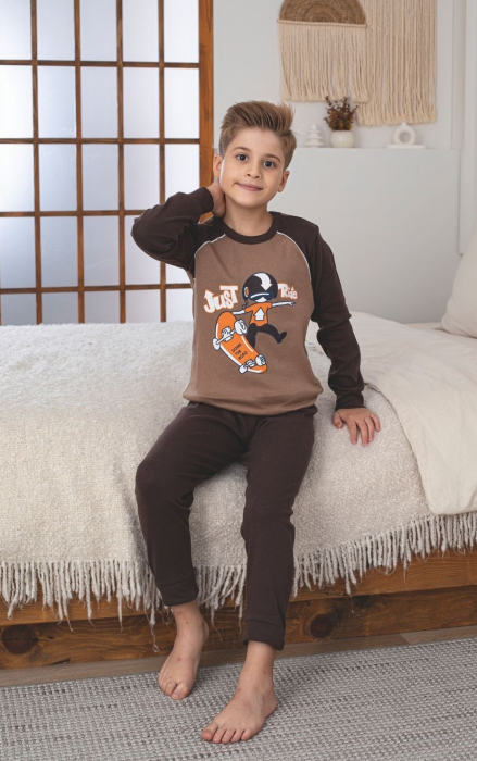 Pijama baieti, din material bumbac, maneci si pantaloni lungi,maro 24 [2]