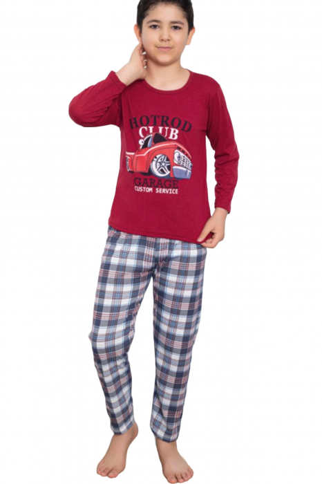 Pijama baieti, din material bumbac, maneci si pantaloni lungi, imprimeu Club Garage, rosu, embody.ro [4]