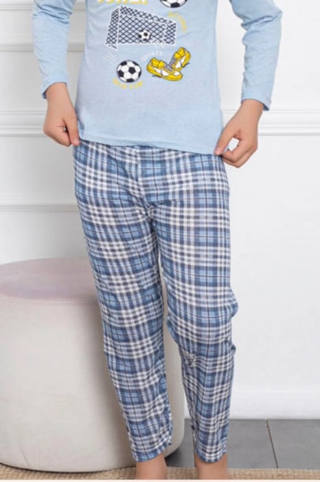 Pijama baieti, din material bumbac, maneci si pantaloni lungi, imprimeu Goal, albastru, embody.ro [2]
