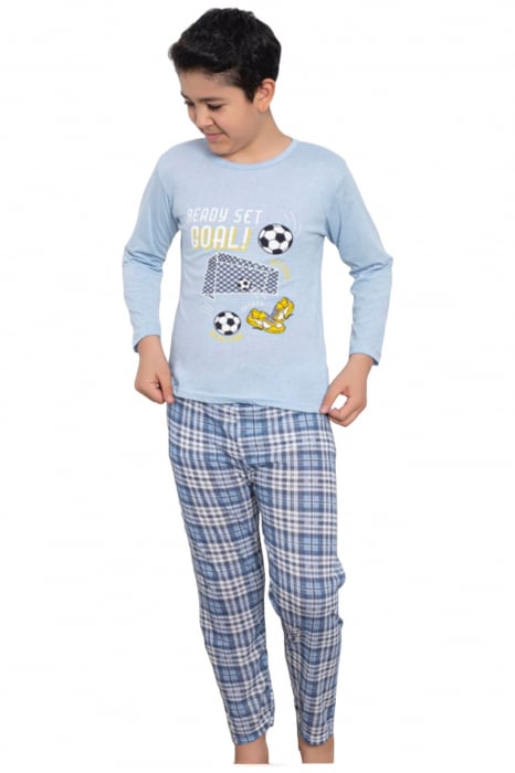 Pijama baieti, din material bumbac, maneci si pantaloni lungi, imprimeu Goal, albastru, embody.ro [4]