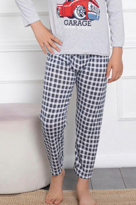 Pijama baieti, din material bumbac, maneci si pantaloni lungi, imprimeu Club Garage, gri deschis, embody.ro [2]