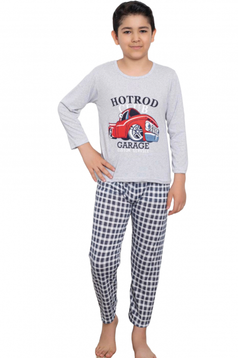 Pijama baieti, din material bumbac, maneci si pantaloni lungi, imprimeu Club Garage, gri deschis, embody.ro [4]